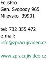 FelisPro Gen. Svobody 965 Milevsko  39901  tel: 732 355 472 e-mail:  info@zpracujivideo.cz  www.zpracujivideo.cz